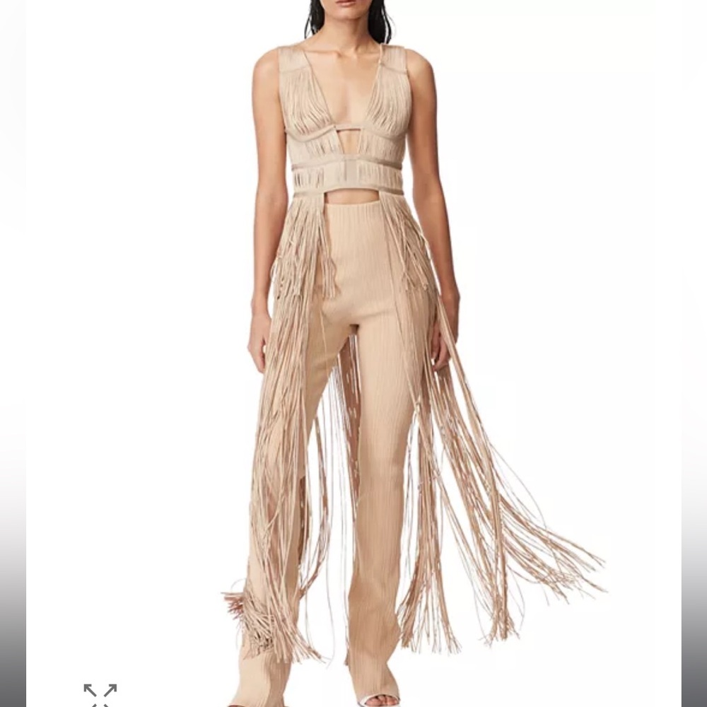 Herve Leger Fringe Ribbed Crop Top in Beige